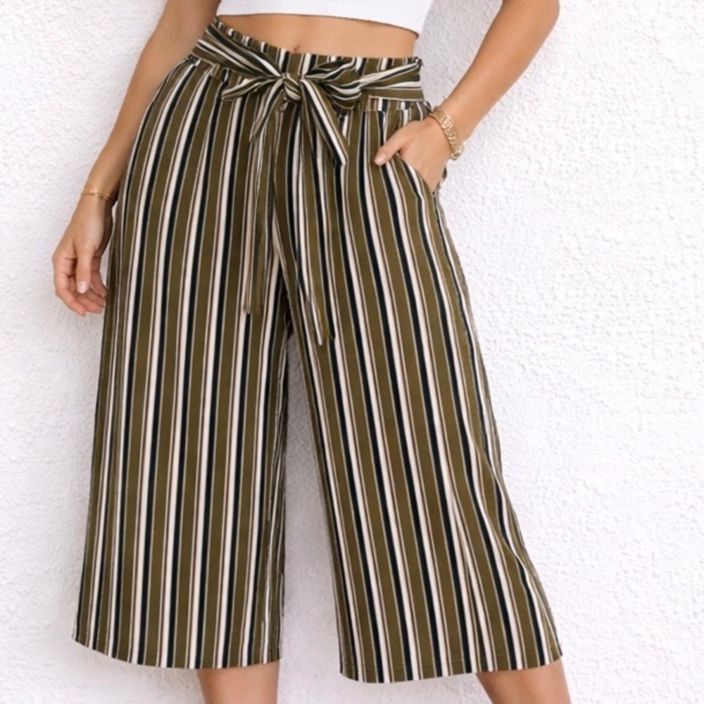 Y2K Striped Wide Leg Culotte Pants S Olive Green Boho Gaucho High Waist Crop